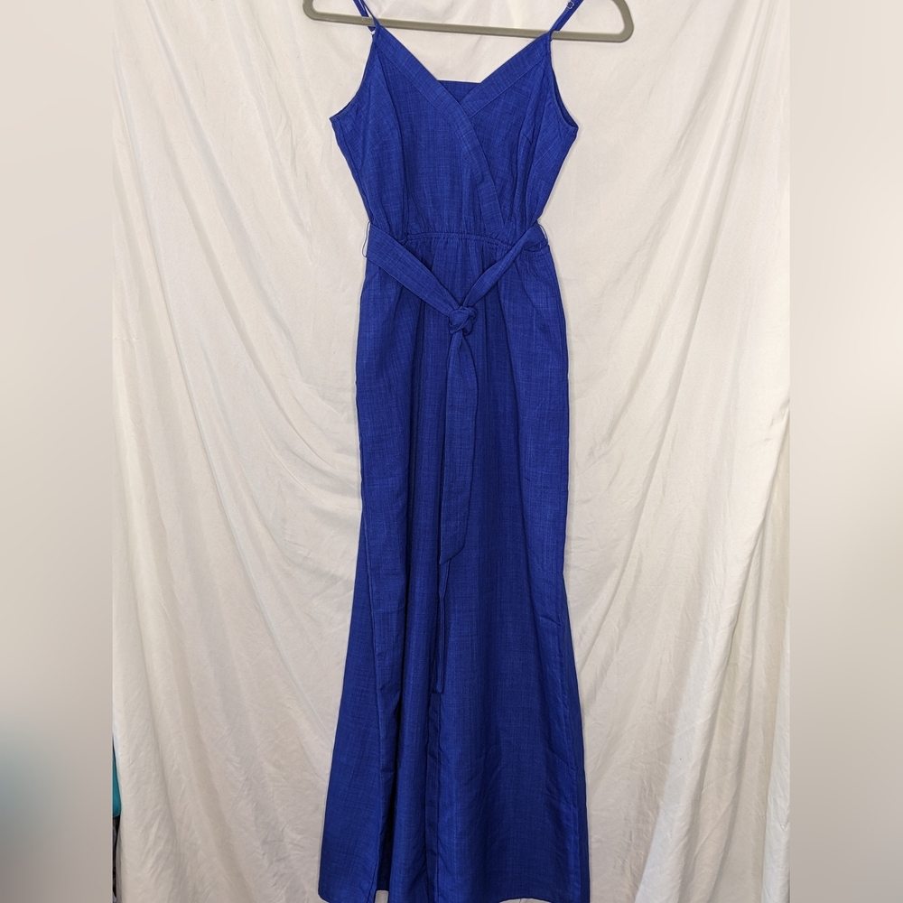 Flying Tomato Cobalt Blue Surplice Wide Leg Belted Jumpsuit, XS